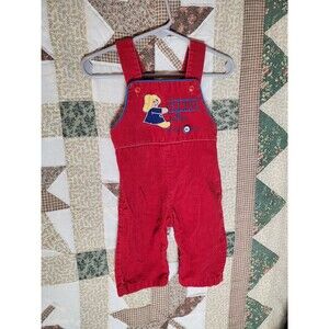 Vintage Paddington Bear Red Corduroy Overalls Fire Dept Embroidered Romper 3-6